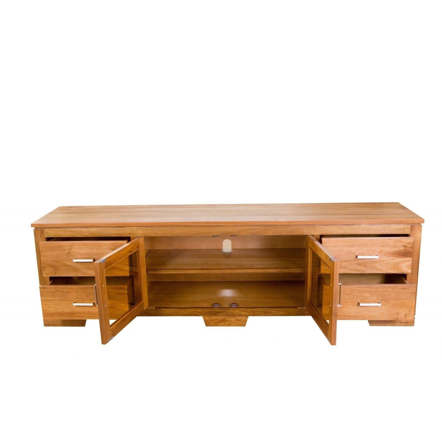 Aldo Tasmanian Blackwood TV entertainment unit with four drawers, two glass doors, sleek modern design by MyChocolateWood.