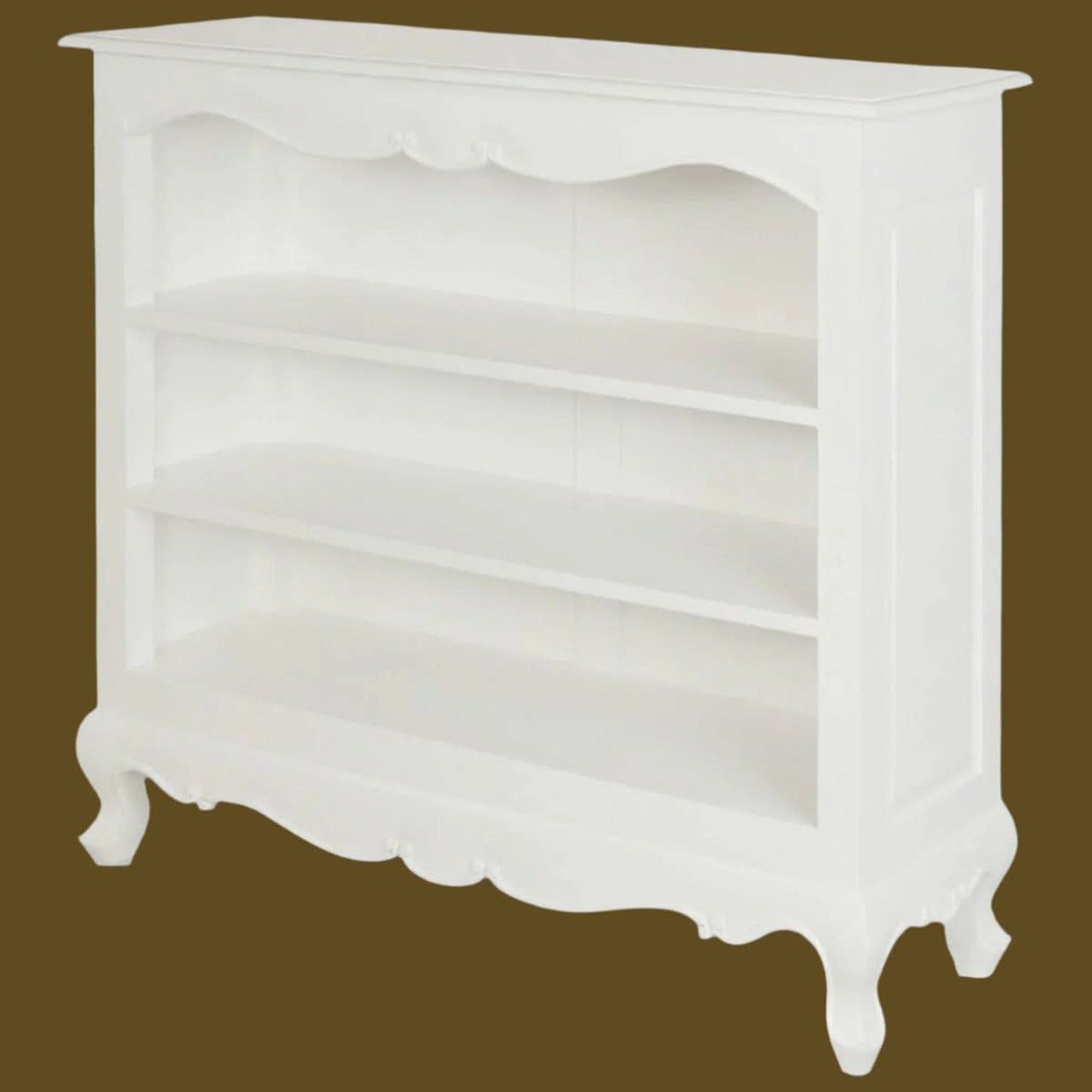 Alexei Queen Ann Style Solid Mahogany Low Bookcase in White - Chocolate Wood