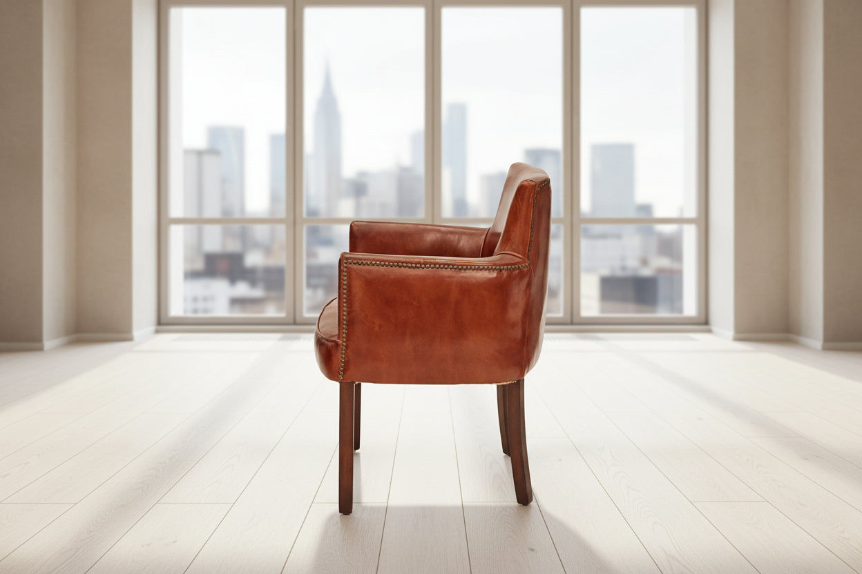 ALEXIA CARVER CHAIR IN ORIGINAL AGED LEATHER WITH BRASS STUD TRIM - MyChocolateWood