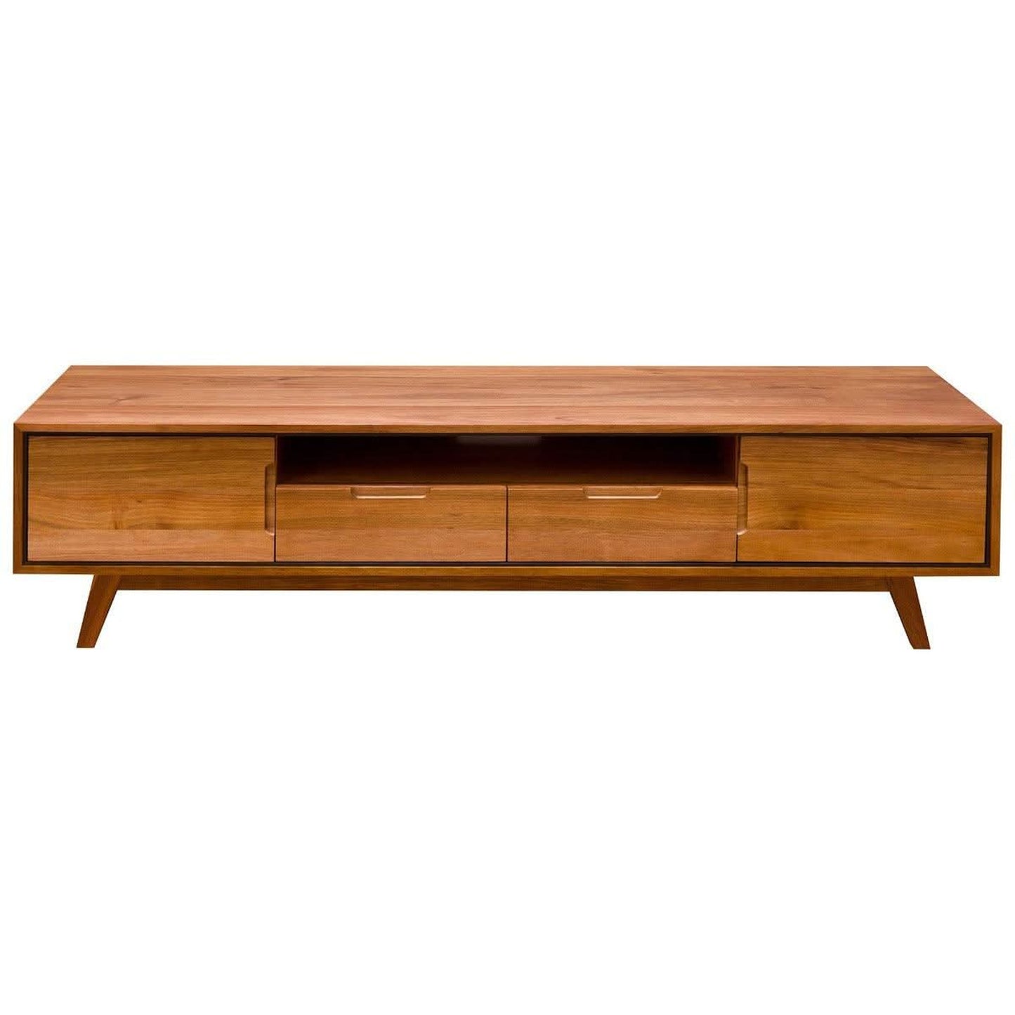 Tasmanian Blackwood TV unit by Chocolate Wood with 2 doors and 2 drawers, measuring 200cm, showcasing a sleek modern design.