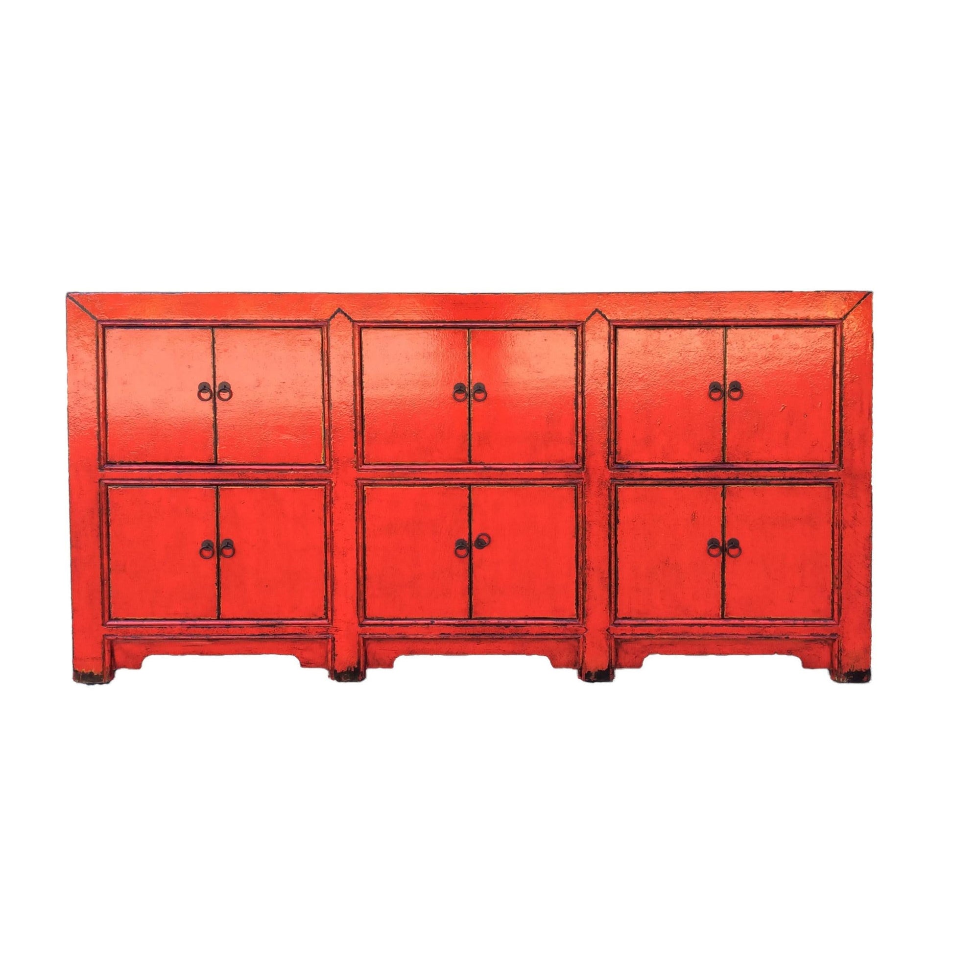 ANHUI H24 CHINESE ANTIQUE RECYCLED  PINE TIMBER BUFFET/SIDEBOARD 12 DOORS RED - MyChocolateWood