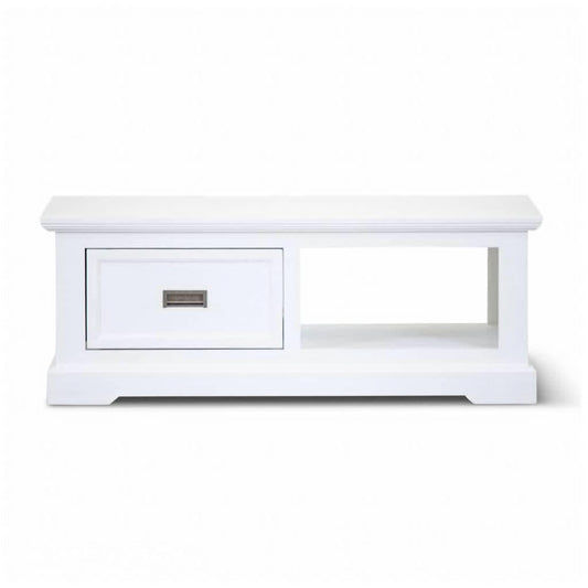 ANIKA SOLID ACACIA WOOD COFFEE TABLE WITH 1 DRAWER & A SHELF IN VIVID WHITE