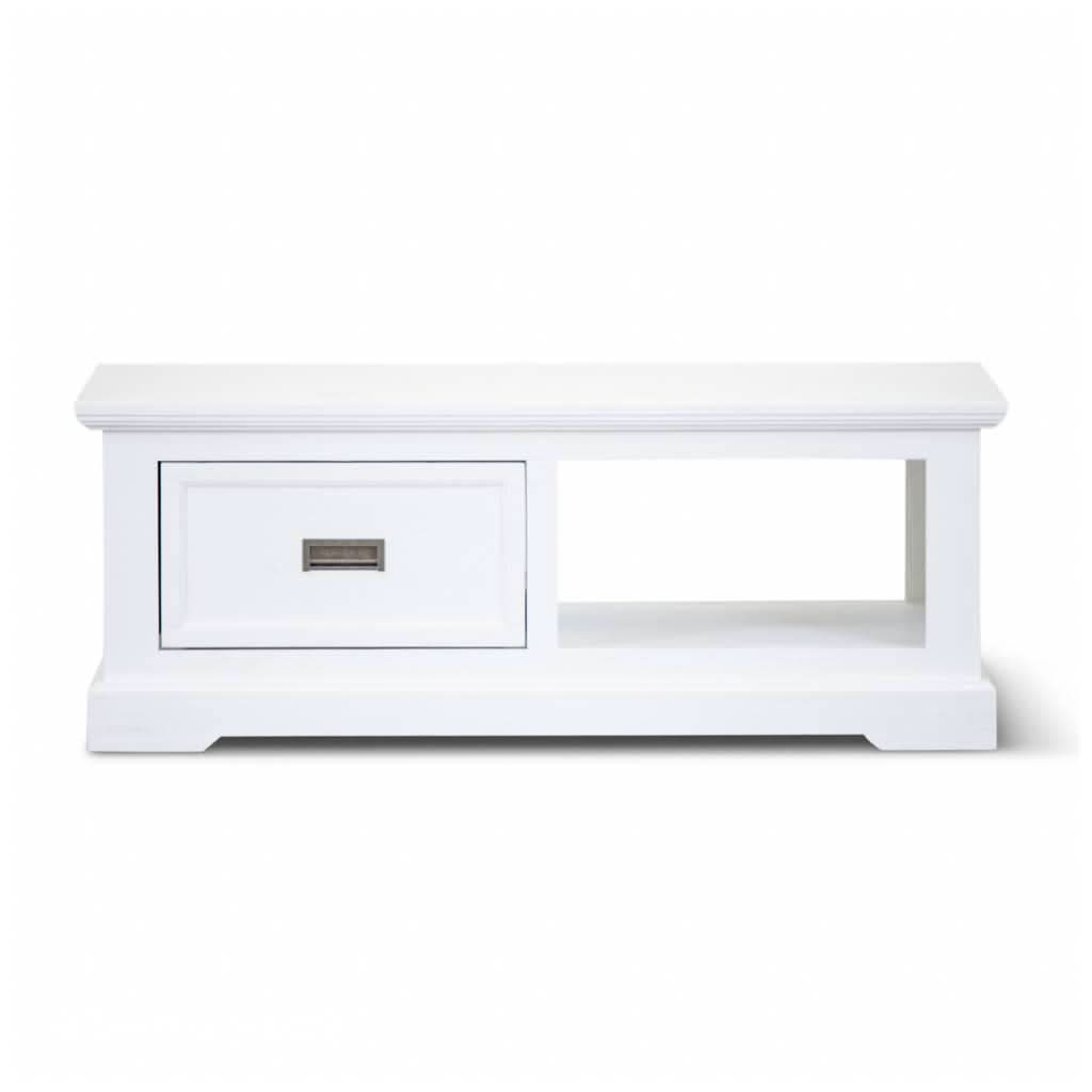 ANIKA SOLID ACACIA WOOD COFFEE TABLE WITH 1 DRAWER & A SHELF IN VIVID WHITE - MyChocolateWood