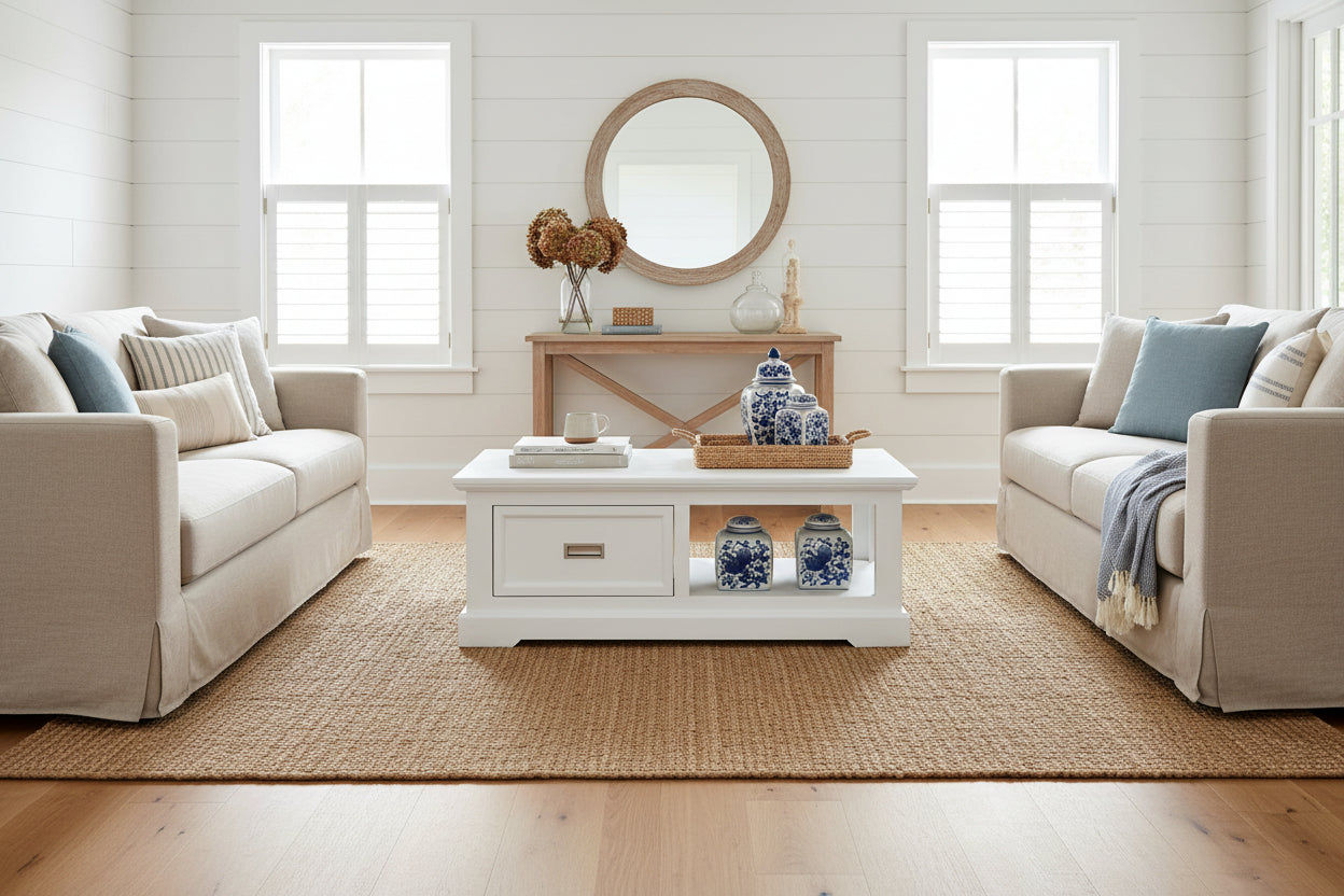 ANIKA SOLID ACACIA WOOD COFFEE TABLE WITH 1 DRAWER & A SHELF IN VIVID WHITE