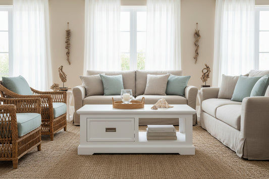 ANIKA SOLID ACACIA WOOD COFFEE TABLE WITH 1 DRAWER & A SHELF IN VIVID WHITE
