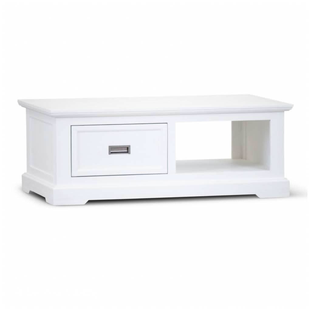 ANIKA SOLID ACACIA WOOD COFFEE TABLE WITH 1 DRAWER & A SHELF IN VIVID WHITE - MyChocolateWood