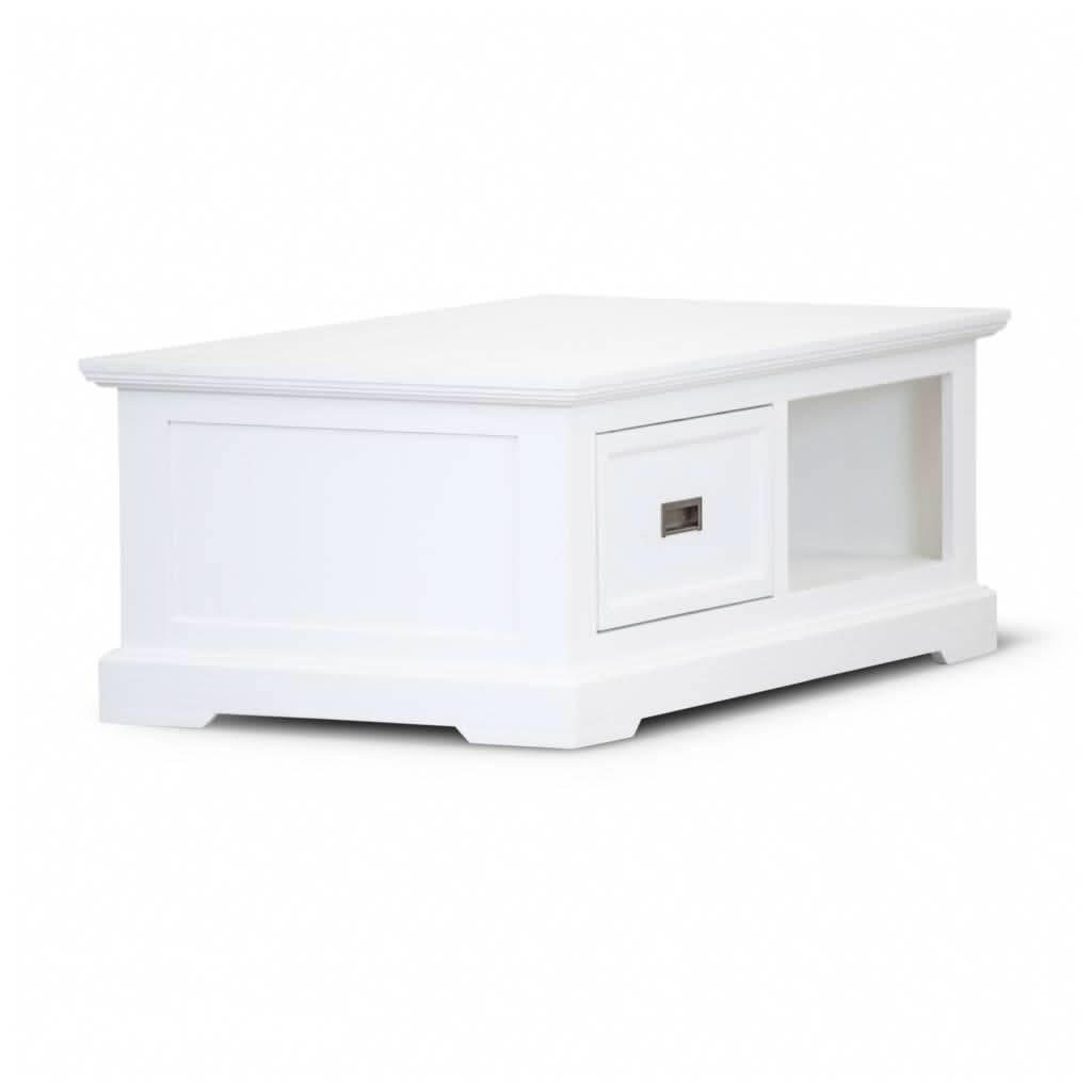 ANIKA SOLID ACACIA WOOD COFFEE TABLE WITH 1 DRAWER & A SHELF IN VIVID WHITE - MyChocolateWood