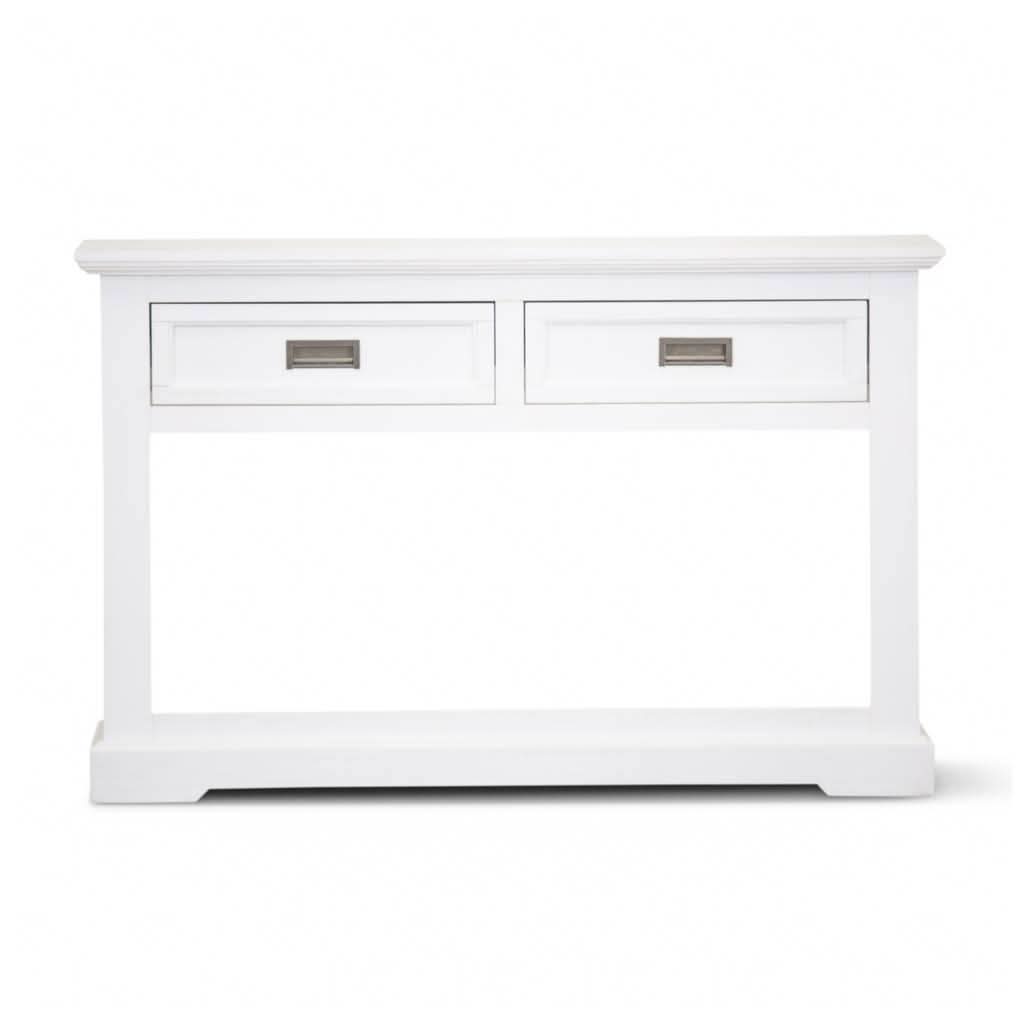 ANIKA SOLID ACACIA WOOD CONSOLE TABLE/HALL TABLE WITH 2 DRAWERS & A SHELF IN VIVID WHITE - MyChocolateWood