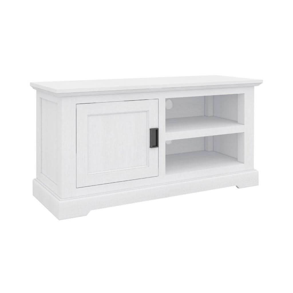 ANIKA SOLID ACACIA WOOD TV UNIT 1-DOOR 2 SHELVES IN VIVID WHITE - MyChocolateWood