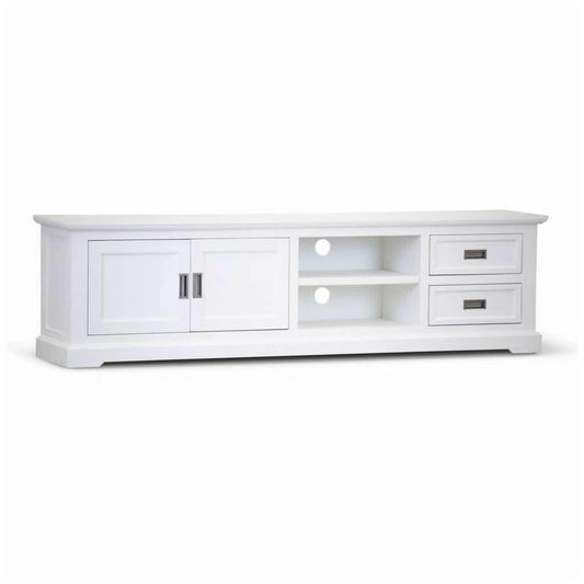 ANIKA SOLID ACACIA WOOD TV UNIT 2-DOORS 2 DRAWERS & 2 SHELVES IN VIVID WHITE - MyChocolateWood