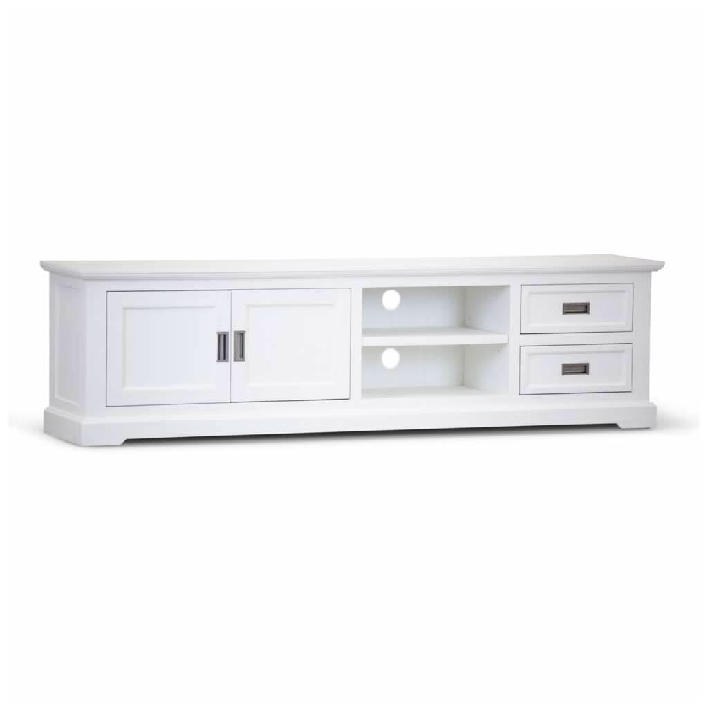 ANIKA SOLID ACACIA WOOD TV UNIT 2-DOORS 2 DRAWERS & 2 SHELVES IN VIVID WHITE - MyChocolateWood