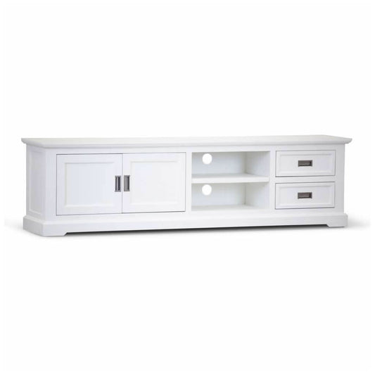 ANIKA SOLID ACACIA WOOD TV UNIT 2-DOORS 2 DRAWERS & 2 SHELVES IN VIVID WHITE - MyChocolateWood