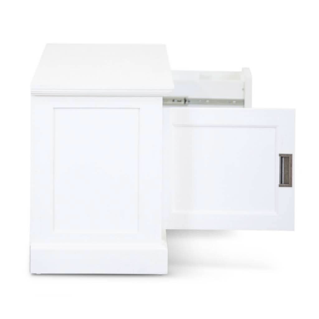 ANIKA SOLID ACACIA WOOD TV UNIT 2-DOORS 2 DRAWERS & 2 SHELVES IN VIVID WHITE - MyChocolateWood