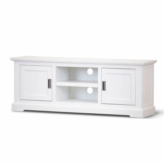 ANIKA SOLID ACACIA WOOD TV UNIT 2-DOORS & 2 SHELVES IN VIVID WHITE 160CM - MyChocolateWood