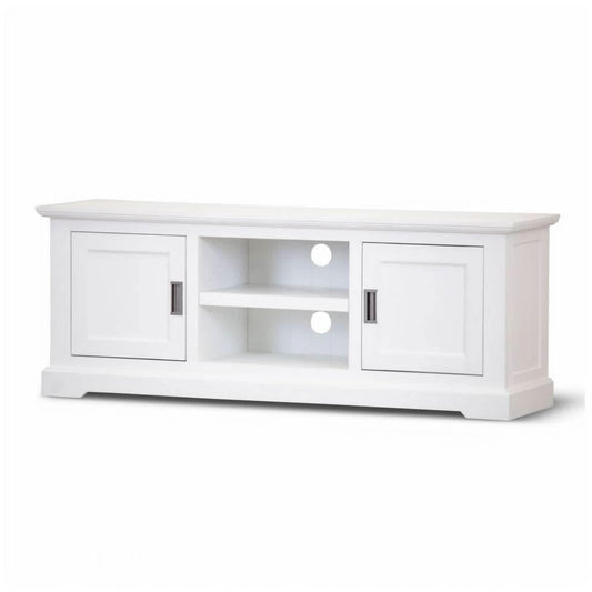 ANIKA SOLID ACACIA WOOD TV UNIT 2-DOORS & 2 SHELVES IN VIVID WHITE 160CM - MyChocolateWood