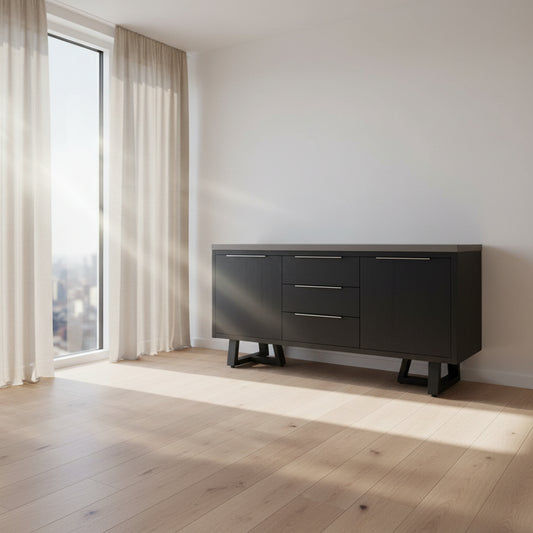 ANTHEA 2-tone concrete and acacia buffet sideboard with grey top, black legs, 3 drawers, and 2 doors from MyChocolateWood.
