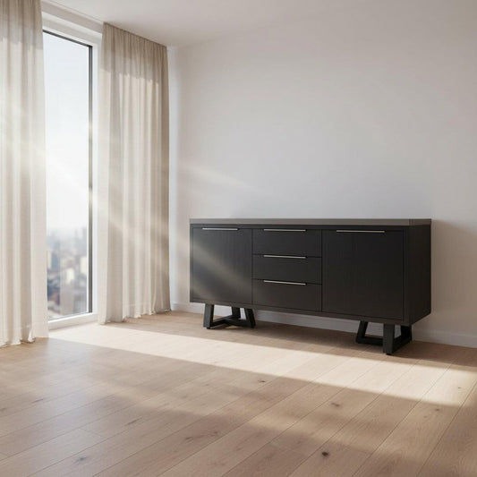 ANTHEA 2-tone concrete and acacia buffet sideboard with grey top, black legs, 3 drawers, and 2 doors from MyChocolateWood.