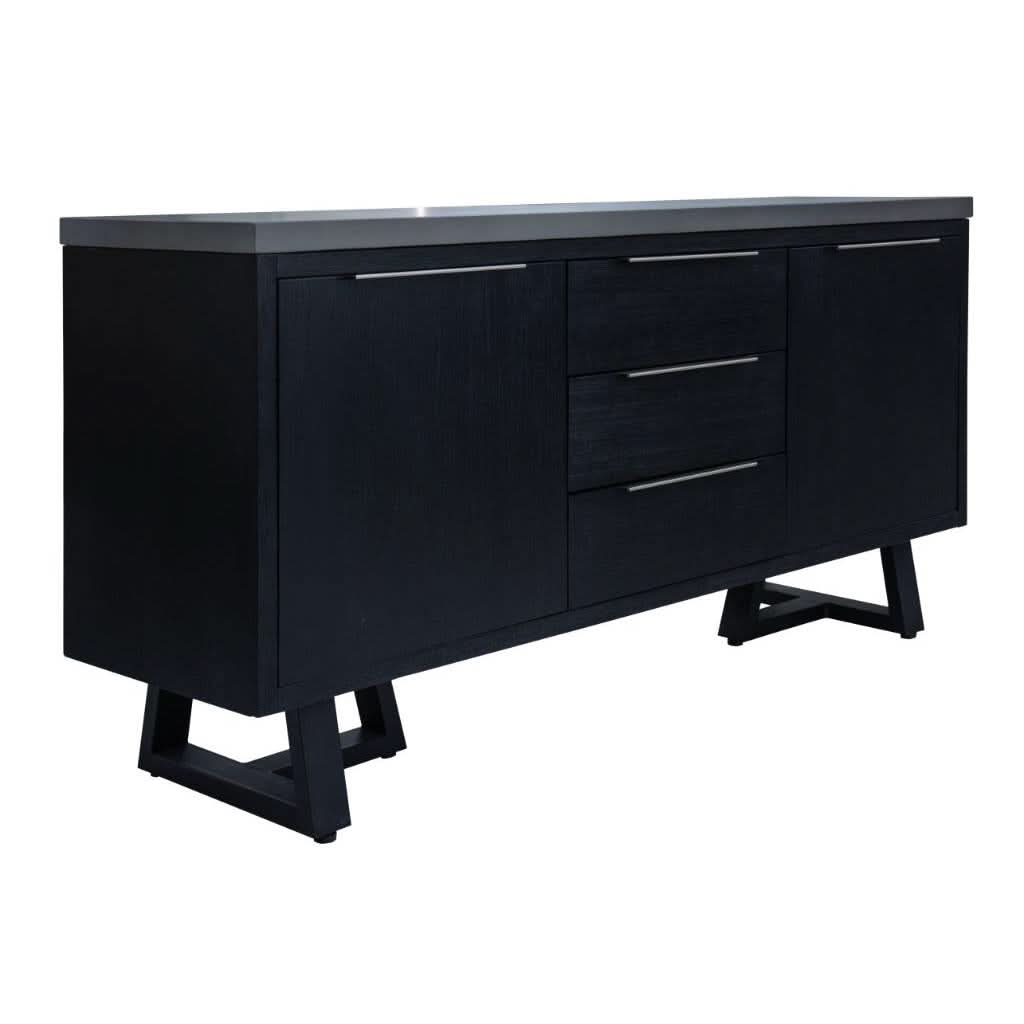 MyChocolateWood Anthea 2-tone concrete and acacia buffet sideboard with 3 drawers, 2 doors, grey top, and black legs.