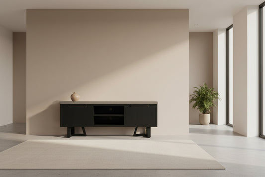 Anthea 2-tone concrete and acacia TV unit by MyChocolateWood with two doors, one drawer, grey top, and black legs.