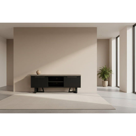 Anthea 2-tone concrete and acacia TV unit by MyChocolateWood with two doors, one drawer, grey top, and black legs.