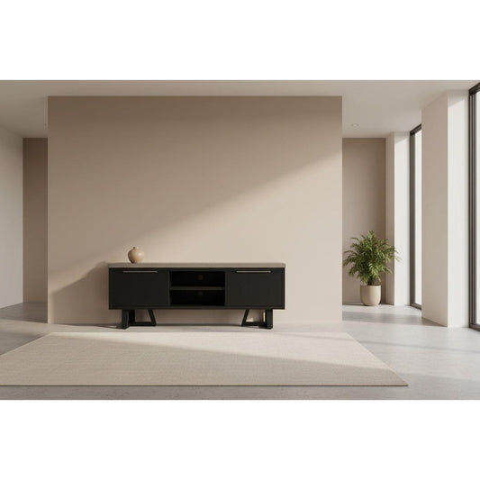 Anthea 2-tone concrete and acacia TV unit by Chocolate Wood with two doors, one drawer, grey top, and black legs.