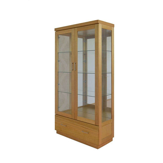 Anya Solid Tassie Oak Display Cabinet, 2 Glass Doors and 1 Drawer, Wheat - Chocolate Wood