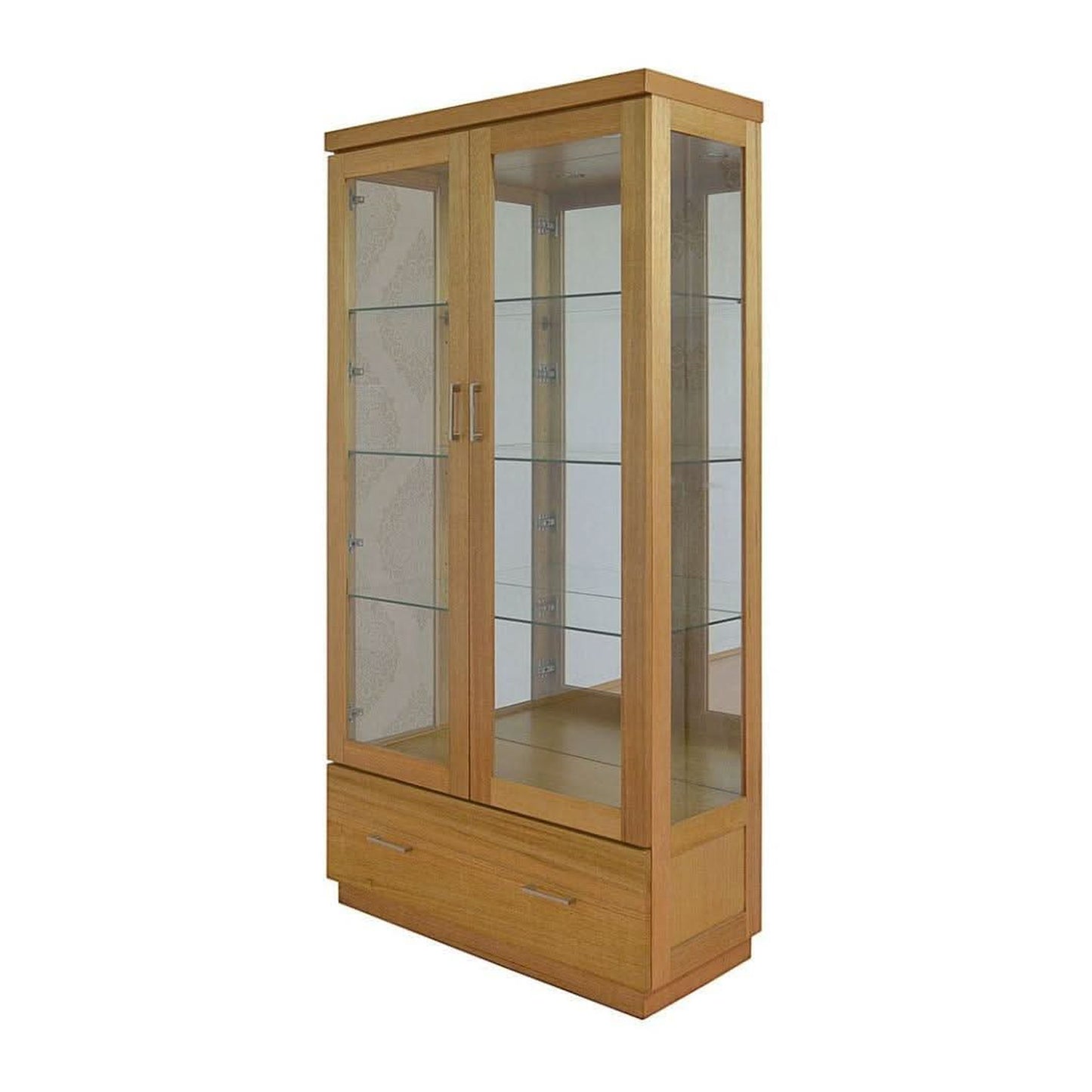 Anya Solid Tassie Oak Display Cabinet, 2 Glass Doors and 1 Drawer, Wheat - Chocolate Wood