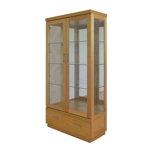 Anya Solid Tassie Oak Display Cabinet, 2 Glass Doors and 1 Drawer, Wheat - Chocolate Wood