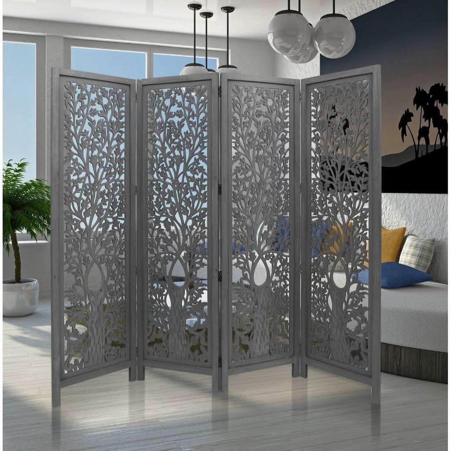 Ashe Decorative Mango Wood Screen / Room Divider in Dark Grey - Chocolate Wood