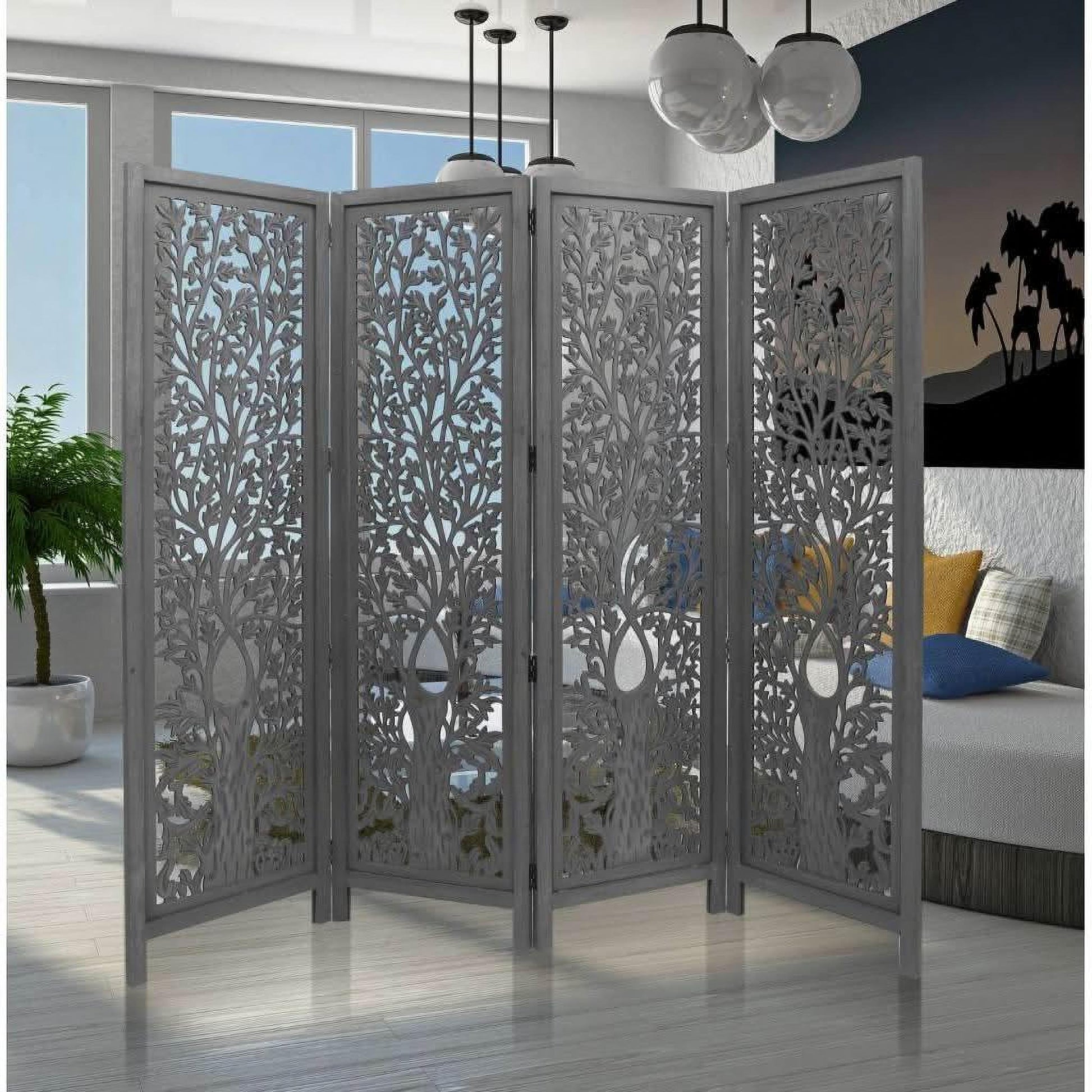 Ashe Decorative Mango Wood Screen / Room Divider in Dark Grey - Chocolate Wood