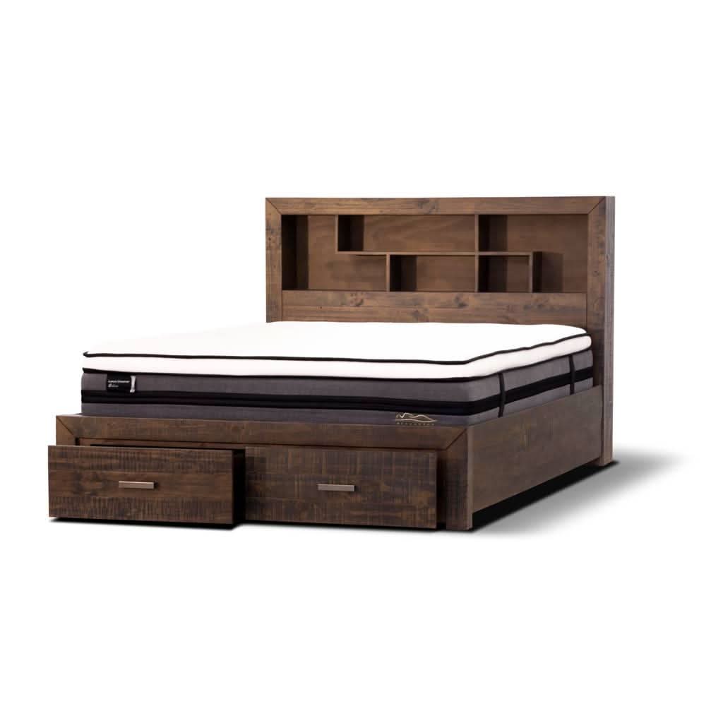 ASHGAR SOLID RECYCLED PINE QUEEN SIZE BED WITH STORAGE IN GREY STONE - MyChocolateWood