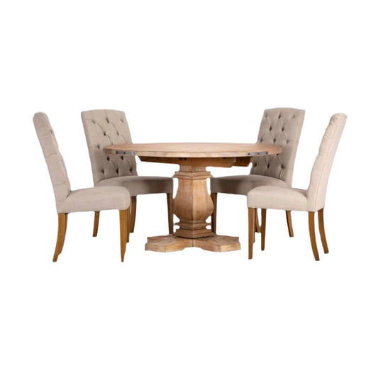 ASTI MANGO WOOD ROUND PEDESTAL DINING TABLE 135CM + 4 X ROSSI HAMPTONS DINING CHAIR WITH A LINEN FABRIC IN BEIGE- PACKAGE DEAL - MyChocolateWood