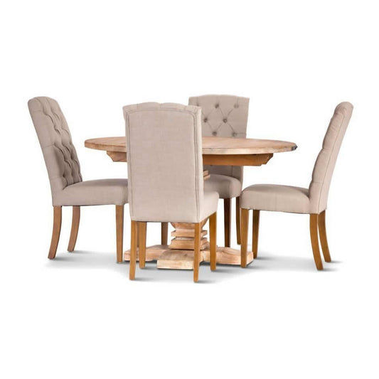 ASTI MANGO WOOD ROUND PEDESTAL DINING TABLE 135CM + 4 X ROSSI HAMPTONS DINING CHAIR WITH A LINEN FABRIC IN BEIGE- PACKAGE DEAL