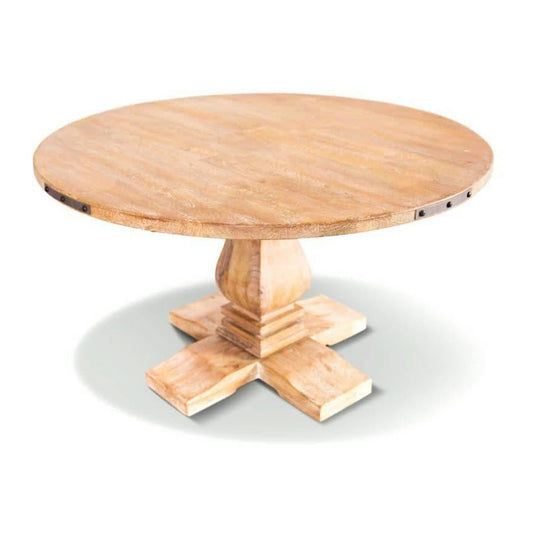 ASTI MANGO WOOD ROUND PEDESTAL DINING TABLE 135CM + 4 X ROSSI HAMPTONS DINING CHAIR WITH A LINEN FABRIC IN BEIGE- PACKAGE DEAL