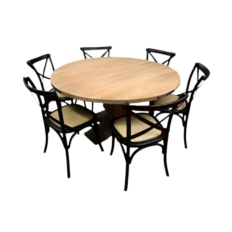 ASTI MANGO WOOD ROUND PEDESTAL DINING TABLE 135CM + 6 MELROSE CROSS BACK DINING CHAIRS IN BLACK - PACKAGE DEAL - MyChocolateWood