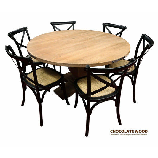 ASTI MANGO WOOD ROUND PEDESTAL DINING TABLE 135CM + 6 MELROSE CROSS BACK DINING CHAIRS IN BLACK - PACKAGE DEAL