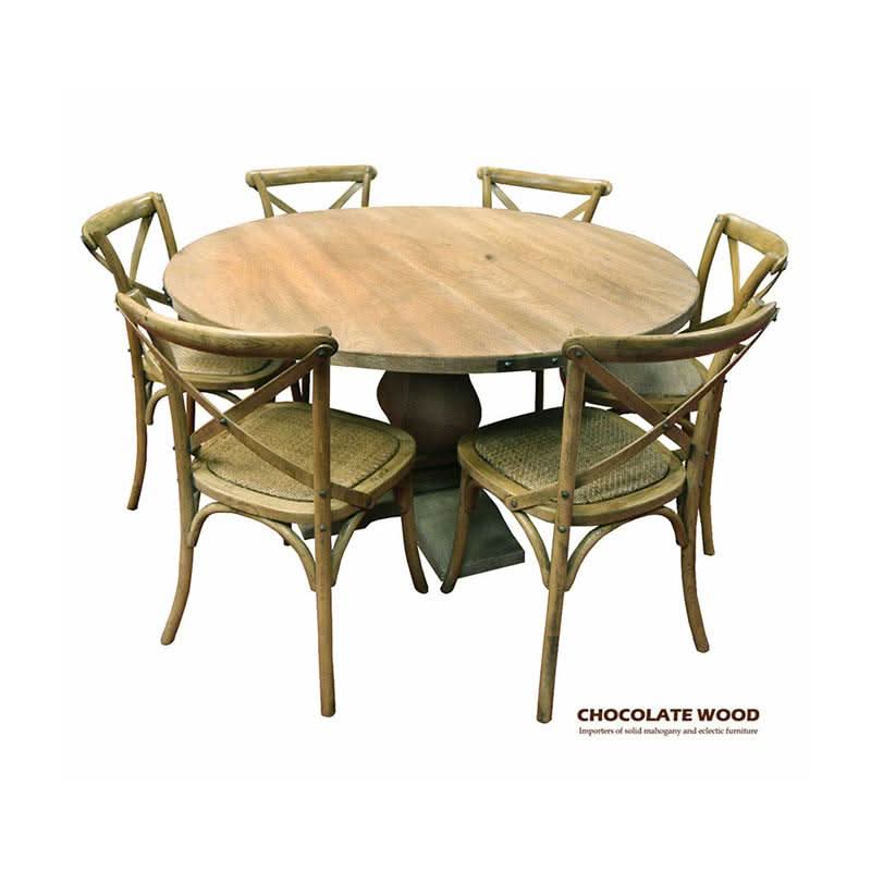 ASTI MANGO WOOD ROUND PEDESTAL DINING TABLE 135CM + 6 MELROSE CROSS BACK DINING CHAIRS IN NATURAL - PACKAGE DEAL - MyChocolateWood