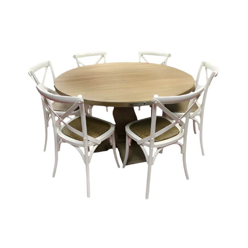 ASTI MANGO WOOD ROUND PEDESTAL DINING TABLE 135CM DIA. + 6  MELROSE CROSS BACK DINING CHAIRS IN WHITE - PACKAGE DEAL - MyChocolateWood