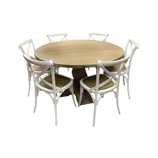 ASTI MANGO WOOD ROUND PEDESTAL DINING TABLE 135CM DIA. + 6  MELROSE CROSS BACK DINING CHAIRS IN WHITE - PACKAGE DEAL - MyChocolateWood