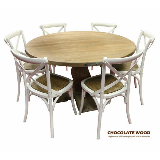 ASTI MANGO WOOD ROUND PEDESTAL DINING TABLE 135CM DIA. + 6 MELROSE CROSS BACK DINING CHAIRS IN WHITE - PACKAGE DEAL