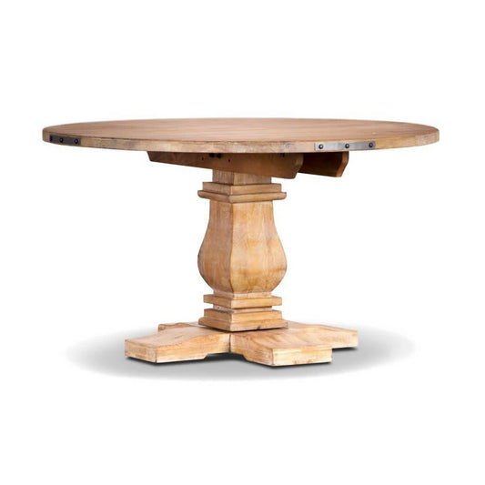 A round pedestal dining table in honey wash wood with a 135-inch diameter, featuring a smooth surface and sturdy base.