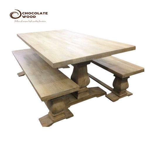 ASTI SOLID HARDWOOD PEDESTAL DINING TABLE 230CM + 2 X ASTI SOLID MANGO WOOD BENCHES IN HONEY WASH - MyChocolateWood