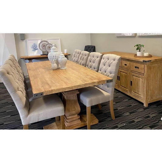 ASTI SOLID HARDWOOD PEDESTAL DINING TABLE 230CM + 2 X ASTI SOLID MANGO WOOD BENCHES IN HONEY WASH