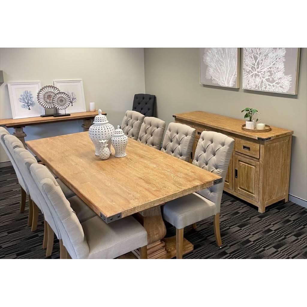 ASTI SOLID HARDWOOD PEDESTAL DINING TABLE 230CM + 2 X ASTI SOLID MANGO WOOD BENCHES IN HONEY WASH - MyChocolateWood