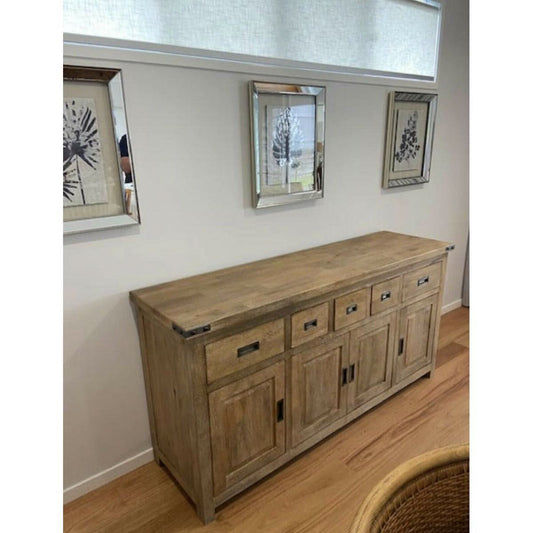 A solid mango wood buffet in honey wash finish with sleek design and storage drawers, by MyChocolateWood.