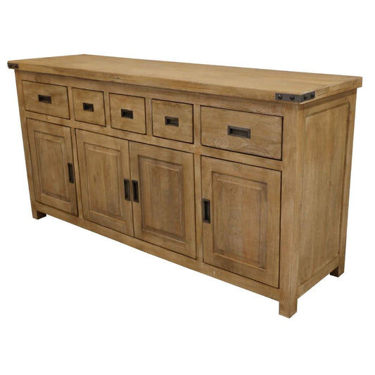 A solid mango wood buffet by MyChocolateWood in honey wash finish, showcasing natural wood grain and modern storage design.
