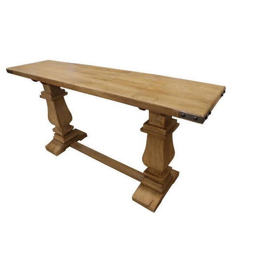 A MyChocolateWood ASTI solid mango wood console table in honey wash finish, showcasing its sleek design and natural wood grain.