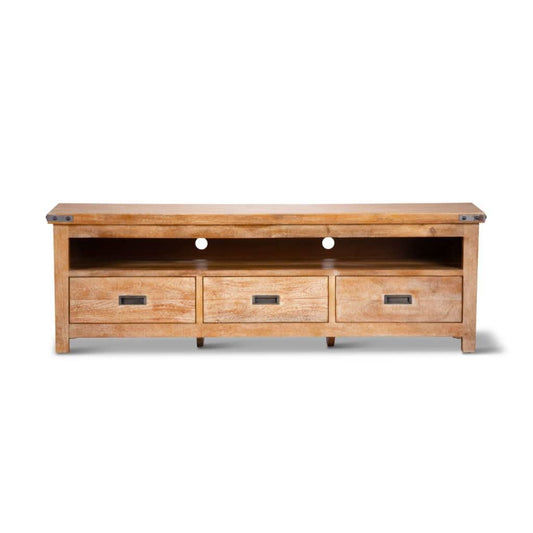 A solid mango wood ASTI TV unit with three drawers in honey wash finish, showcasing natural wood grain and modern design.