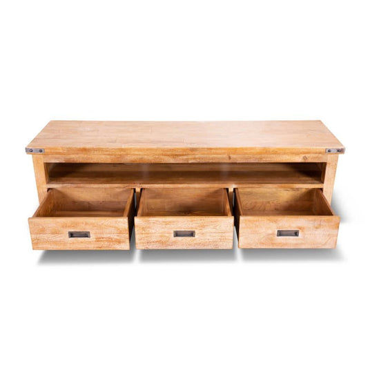 A solid mango wood ASTI TV unit with three drawers in honey wash finish, featuring a natural wood grain and modern design.