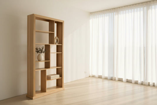 Australian custom-made Riley hardwood bookcase by MyChocolateWood, tall bookshelf and room divider in Tasmanian oak hardwood.